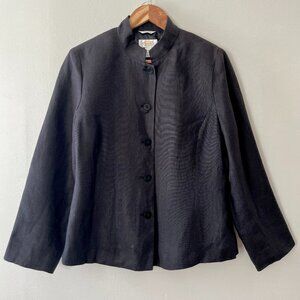 Talbots Sz 10 Black Irish Linen Mandarin Neck Button‎ Down Blazer Shoulder Pads